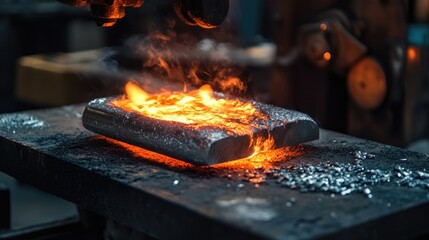 Poster - A fiery metal billet being shaped on a factory production line, surrounded by molten metal and robust machinery, symbolizing industrial strength and craftsmanship