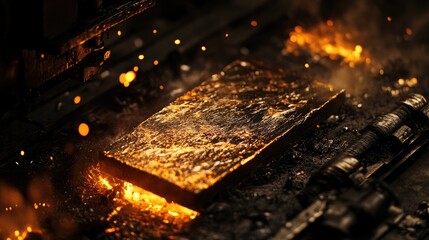 Poster - A fiery metal billet being shaped on a factory production line, surrounded by molten metal and robust machinery, symbolizing industrial strength and craftsmanship