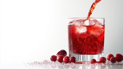 Poster - A flowing stream of cranberry syrup gracefully pouring into a glass, captured in mid-motion against a clean, white background for maximum impact