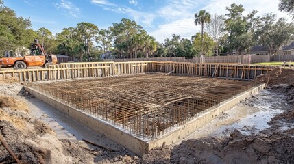 Poster - A foundation pit with meticulously arranged rebar and formwork, prepared for concrete pouring, showcasing the organized, structured layout of the construction