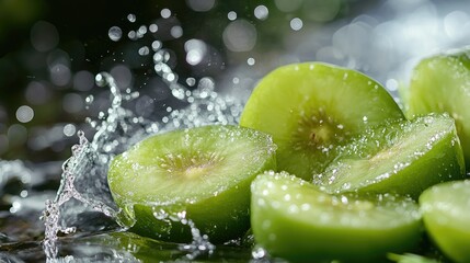 Poster - A fresh and vibrant display of sliced green plums next to aloe, with water droplets splashing around, creating a refreshing and energizing scene