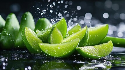 Poster - A fresh and vibrant display of sliced green plums next to aloe, with water droplets splashing around, creating a refreshing and energizing scene