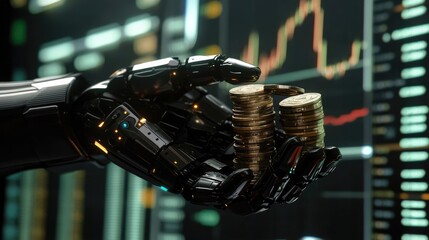 Poster - A futuristic robotic hand gripping a stack of coins against a backdrop of financial charts and data, symbolizing the integration of technology in finance