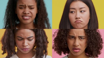 Poster - Four individuals display a range of emotions through facial expressions against colorful backgrounds. Each person represents diverse backgrounds and displays unique feelings.