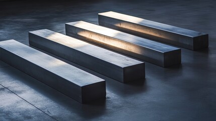 Poster - A group of metallic bars placed on a concrete floor, illuminated by soft evening light, casting shadows and emphasizing the sleek yet rugged texture of the metal
