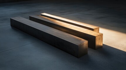 Poster - A group of metallic bars placed on a concrete floor, illuminated by soft evening light, casting shadows and emphasizing the sleek yet rugged texture of the metal