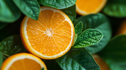 Aufkleber - Freshly Sliced Juicy Oranges with Vibrant Green Leaves Close-Up : Generative AI