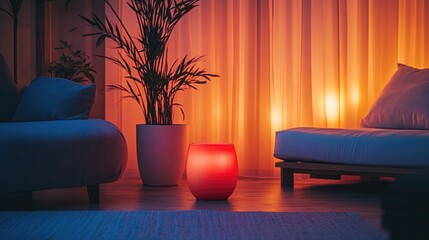 Aufkleber - A hidden light source emits a soft red glow in a serene dark room, creating a peaceful and soothing atmosphere perfect for relaxation