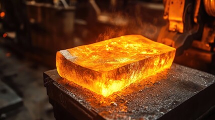 Poster - A hot metal billet being shaped on a production line, with glowing molten metal and industrial machinery in the background, highlighting strength and precision