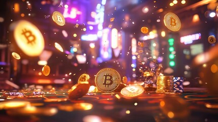 Poster - A lively casino scene with golden Bitcoin tokens and poker chips scattered across a table, enhanced by bright lights and the electric atmosphere of gambling