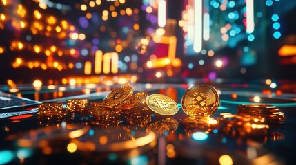 Poster - A lively casino scene with golden Bitcoin tokens and poker chips scattered across a table, enhanced by bright lights and the electric atmosphere of gambling