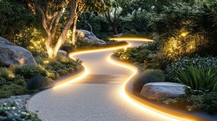 Poster - A modern, curved pathway through a meticulously landscaped garden, with warm, soft lighting highlighting the smooth, clean lines of the design