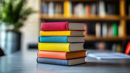 Poster - A modern office workspace with colorful books neatly stacked on a clean desk, surrounded by minimal decor, emphasizing creativity and contemporary design