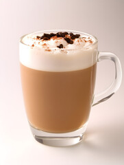 Poster - Warm Latte in Transparent Glass Mug with Whipped Cream and Cocoa Sprinkles for Relaxing Coffee Break Time : Generative AI