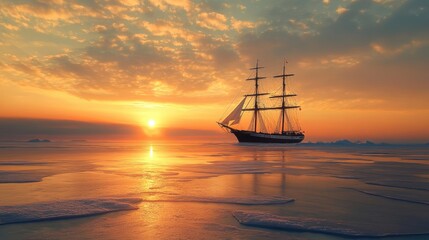 Aufkleber - A peaceful frozen sea bathed in warm sunset colors, with a majestic two-masted sailboat adding an elegant touch to the serene landscape