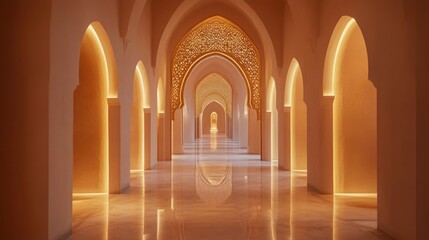 Poster - A peaceful interior with softly lit arches featuring intricate motifs, offering a serene and welcoming atmosphere, perfect for a calm retreat