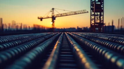 Poster - A perspective shot of metal bars stretching into the distance, leading to a crane silhouetted against a dusky sky, evoking a sense of scale and construction activity