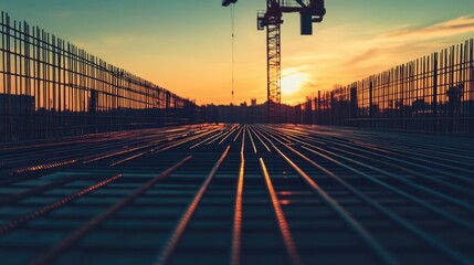 Poster - A perspective shot of metal bars stretching into the distance, leading to a crane silhouetted against a dusky sky, evoking a sense of scale and construction activity