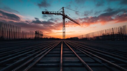 Poster - A perspective shot of metal bars stretching into the distance, leading to a crane silhouetted against a dusky sky, evoking a sense of scale and construction activity