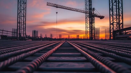 Poster - A perspective view of metal bars extending toward a crane, with a dusky sky in the background, creating an industrial yet serene mood in the composition