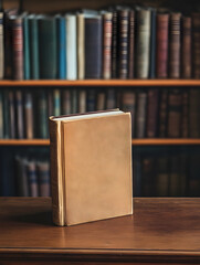 Poster - Antique Leather Bound Book Amidst a Vintage Library Setting with Bookshelves : Generative AI