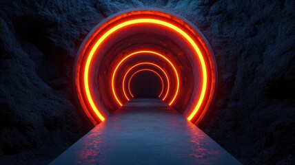 Poster - Neon light show featuring circular tunnels underground location 3d animation dark environment futuristic concept
