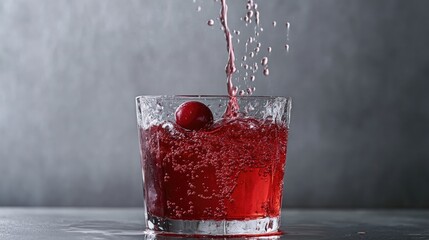 Poster - A rich cranberry syrup cascading into a glass, captured in motion on a simple, minimalist backdrop, highlighting the texture and deep red color