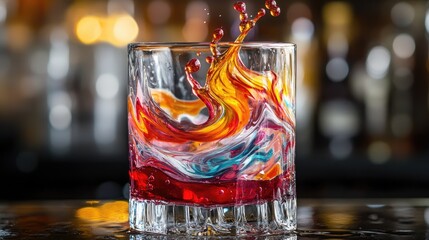 Aufkleber - A rich red stream of cranberry syrup mixing with clear water in a crystal glass, forming beautiful swirls and colorful patterns