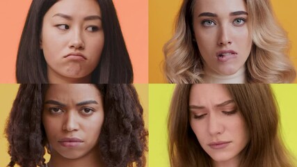 Poster - A collection of four diverse faces showcases a variety of emotions. Each person displays distinct expressions against vibrant backgrounds, reflecting their thoughts and feelings in a unique way.