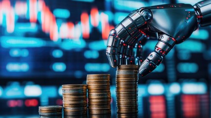 Poster - A robotic hand grasping a stack of coins with a vibrant background of financial data and charts, emphasizing the merging of robotics and finance