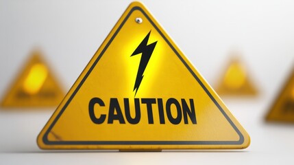 Fototapete - A fun 3D yellow triangle warning sign with bold black 