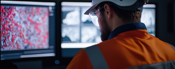Poster - Data analysis action by technician industrial site digital screens office environment rear view technology insights