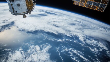 Poster - A satellite orbiting Earth, gathering atmospheric data, with the curvature of the planet clearly visible beneath, representing scientific innovation in space research