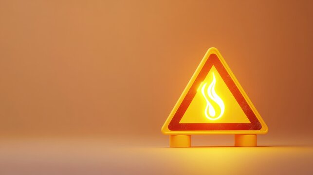 A playful 3D yellow triangle warning sign with bold hazard stripes and glowing cartoon-style fire symbol, isolated on a clean background