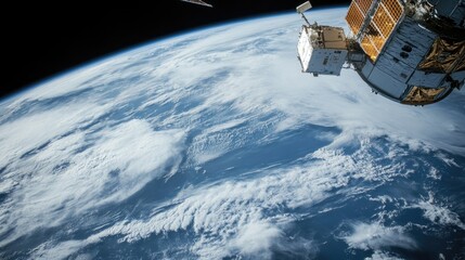 Poster - A satellite orbiting Earth, gathering atmospheric data, with the curvature of the planet clearly visible beneath, representing scientific innovation in space research