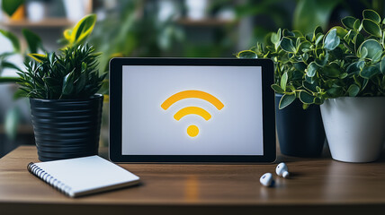 Poster - a tablet with a yellow wifi symbol on the screen.  The tablet is on a desk, with a notebook, wireless headphones and two potted plants in the background.