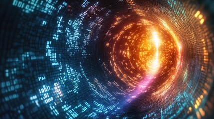 Poster - A sci-fi world with floating binary code and a radiant entrance to a digital dimension, offering a glimpse into a futuristic, virtual reality environment