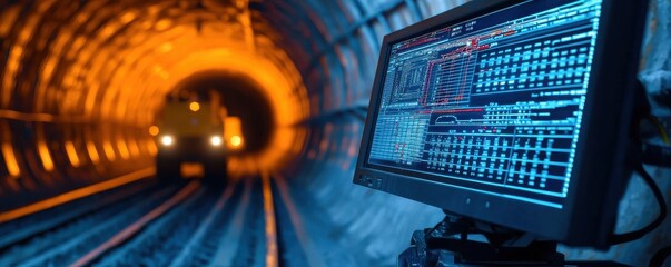 Poster - Monitoring technology in mining operations underground tunnel digital display industrial environment close-up view