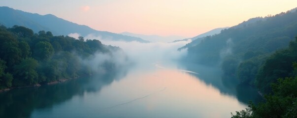 Wall Mural - Softly falling fog wraps around the river's bend, scenery, serenity, river