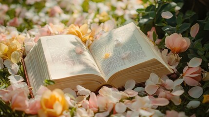 Poster - A serene scene with an open book among pastel spring flowers, with petals scattered around and soft natural light illuminating the peaceful moment