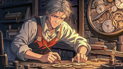 Man in white shirt and red tie working on wood while elderly anime man repairs old clock in quiet setting