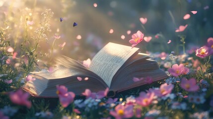 Poster - A serene scene with an open book among pastel spring flowers, with petals scattered around and soft natural light illuminating the peaceful moment