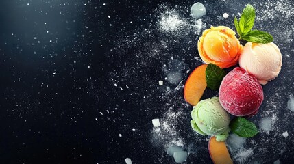 Poster - A slate board showcasing fruit-based ice cream scoops, adorned with fresh mint and fruit slices, highlighting a cool and refreshing dessert with a bright, inviting vibe