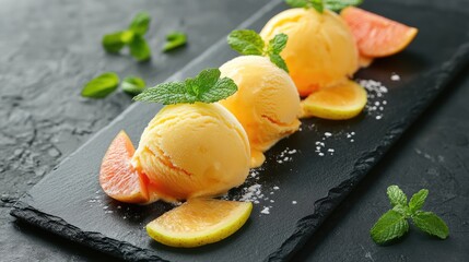 Poster - A slate board showcasing fruit-based ice cream scoops, adorned with fresh mint and fruit slices, highlighting a cool and refreshing dessert with a bright, inviting vibe