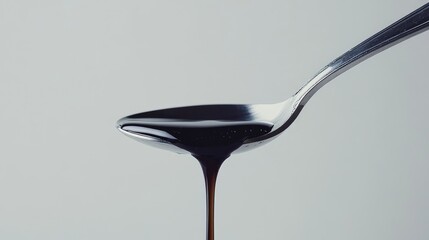 Aufkleber - A slow-motion shot of syrup flowing into a silver spoon, captured against a minimalist white background, emphasizing the richness of the syrup