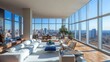 © Natchooda - A spacious contemporary living room with floor-to-ceiling windows, offering a bright view of a vivid blue sky and filling the room with soft natural light