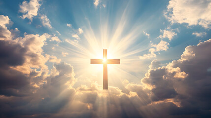 Poster - Radiant Cross Against Majestic Sky Symbolizing Hope and Spiritual Awakening : Generative AI