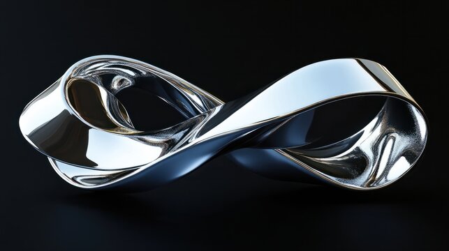 A flowing metallic ribbon design with a polished chrome finish, rendered in a modern 3D abstract style, on black