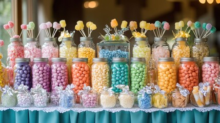Poster - A stunning candy buffet featuring jars of sweets organized in a perfect gradient of colors, adding a festive and joyful touch to the party