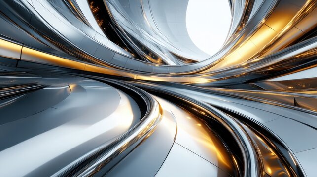 A futuristic 3D rendering of layered metal curves in silver and gold with glowing light reflections, creating a modern aesthetic